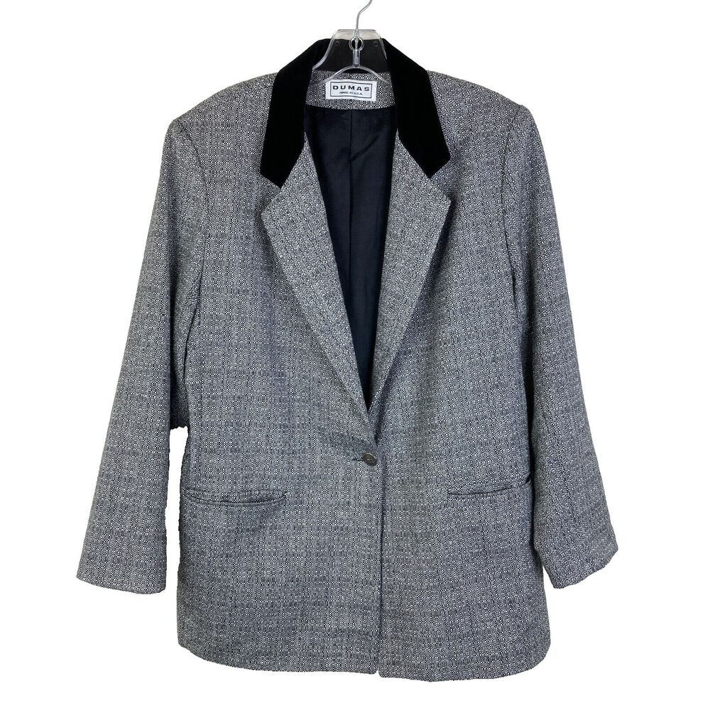 Vintage Dumas Wool Blazer Jacket Size 10 Domino Tweed Velvet Collar Black White